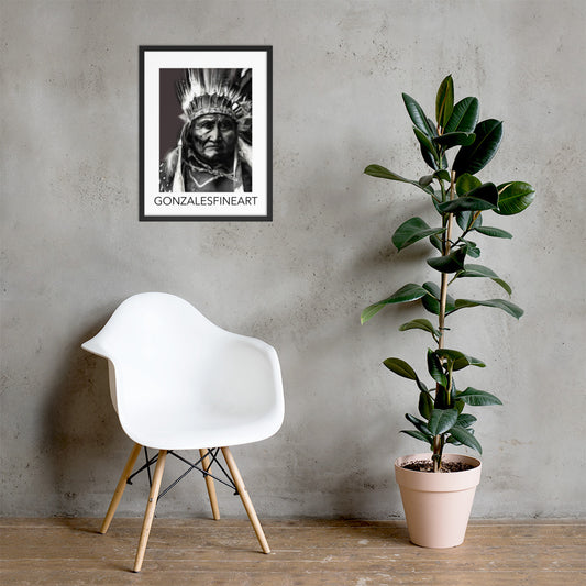 Geronimo War Bonnet Black and White Framed poster