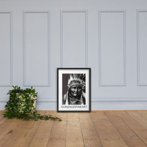 Geronimo War Bonnet Black and White Framed poster