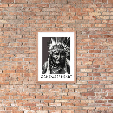 Geronimo War Bonnet Black and White Framed poster